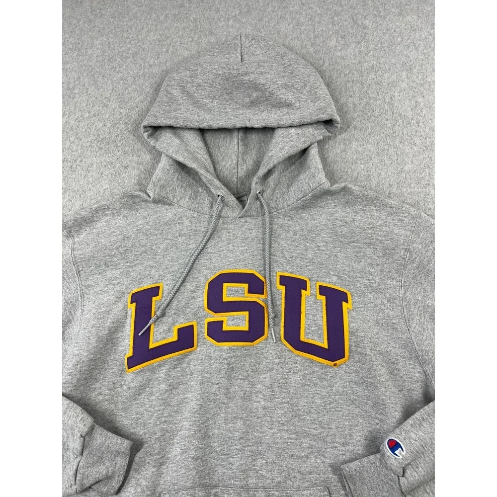 LSU Tigers Sweatshirt Adult S Gray Champion Hooded Regular Fit Geaux Tigers